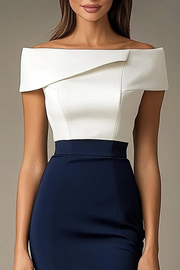 Vit Och Marinblå Off The Shoulder Bodycon Formell Klänning